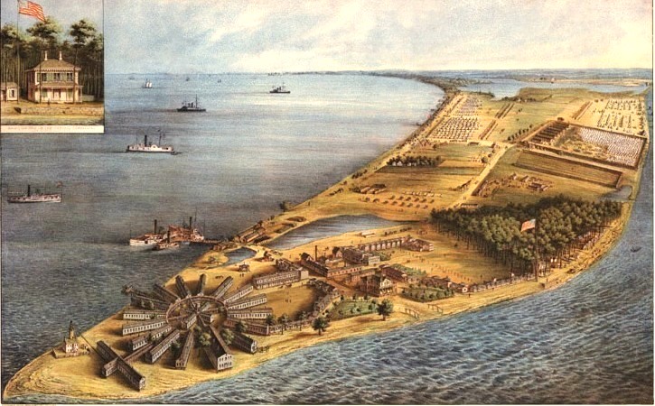 Bird's-eye illustration of Point Lookout, Maryland — Camp Hoffman Confederate prisoner of war camp, 1864